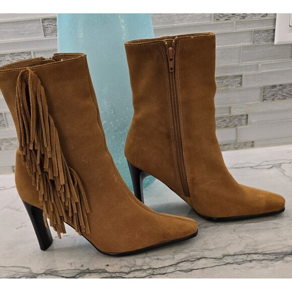 PREDICTIONS Lt Brown Suede Mid-Calf Fashion Western Cowboy Fringe Heel Boot 7 - Picture 4 of 9